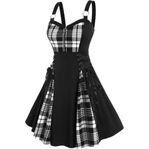 ROSE GAL Gothic Lace Up Plaid Half Zipper Fit and Flare Gothic Dress(White_1)