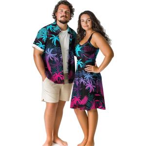ROSE GAL Matchable Couple Hawaiian Coconut Tree Print Shirt or Plus Size Knee Length Fit and Flare Tank Dress(Men Black)