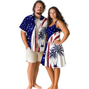 ROSE GAL Matchable Couple Hawaiian Coconut Tree Print Shirt or Plus Size Knee Length Fit and Flare Tank Dress(Men Blue_1)