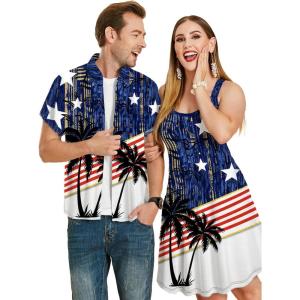 ROSE GAL Matchable Couple Hawaiian Coconut Tree Print Shirt or Plus Size Knee Length Fit and Flare Tank Dress(Women Blue)