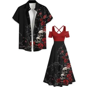 ROSE GAL Matchable Couples Hawaiian Men Shirt and Women Cold Shoulder Crisscorss Short Sleeves Midi Dress(Men Black_1)