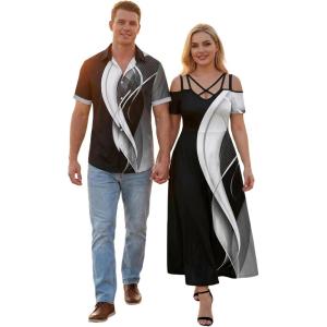 ROSE GAL Matchable Couples Hawaiian Men Shirt and Women Cold Shoulder Crisscorss Short Sleeves Midi Dress(Women/Black)