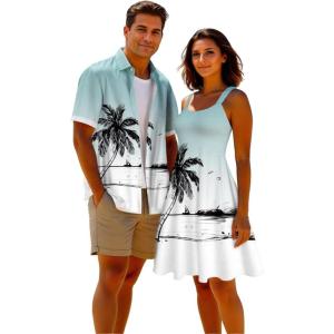 ROSE GAL Matchable Couples Hawaiian Men Shirt and Women Vintage Vintage Sleeveless Dress(Men/Blue)
