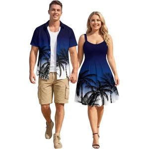 ROSE GAL Matchable Couples Hawaiian Men Shirt and Women Vintage Vintage Sleeveless Dress(Men/Deep Blue)