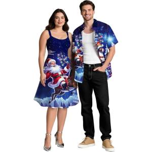 ROSE GAL Matchable Couples Hawaiian Men Shirt and Women Vintage Vintage Sleeveless Dress(Women Blue_1)