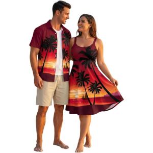 ROSE GAL Matchable Couples Hawaiian Men Shirt and Women Vintage Vintage Sleeveless Dress(Women/Red_1)
