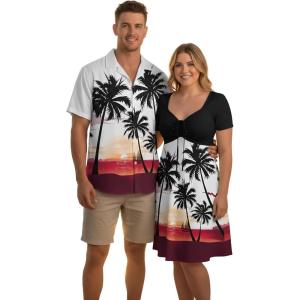 ROSE GAL Matchable Couples Tropical Coconut Tree Ombre Hawaiian Men Shirt and Women Vintage V-Neck Dress(Men/White)