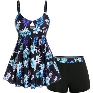 ROSE GAL Plus Size 2 Piece Tankini Set Swimsuit for Women Keyhole Floral Leaves Printed Two Piece Bathing Suit(Black_1)