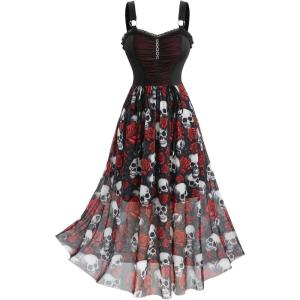 ROSE GAL Plus Size Gothic Dress for Women Halloween Costume Skull Print Goth Swing Witchy Costume Vampire Dresses(Red)