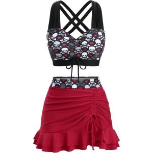 ROSE GAL Plus Size Gothic Skulls 2 Piece Swimsuits for Women Two Piece Tankini Set(Red_1)