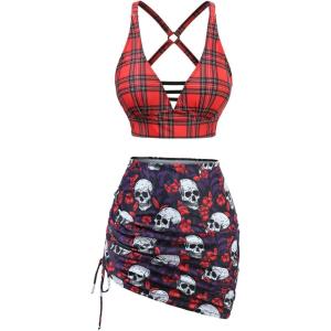 ROSE GAL Plus Size Gothic Skulls 3 Piece Swimsuits for Women Three Piece Bikini Bathing Suits(Red_1)