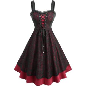 ROSE GAL Plus Size Gothic Vintage Lace Overlay Sleeveless Dress(Red_1)