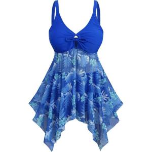 ROSE GAL Plus Size Leaf Print Swim Dress with Short for Women Mesh Tankini Swimsuits Flowy Two Piece Bathing Suits(Blue)