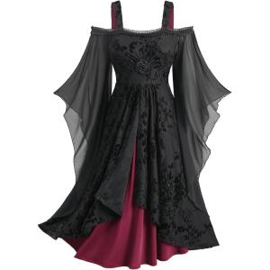 ROSE GAL Plus Size Medieval Vintage Costume Cold Shoulder Flare Sleeve Goth Dresses(Black)