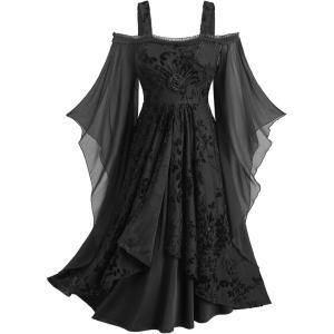 ROSE GAL Plus Size Medieval Vintage Costume Cold Shoulder Flare Sleeve Goth Dresses(Black_1)