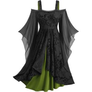 ROSE GAL Plus Size Medieval Vintage Costume Cold Shoulder Flare Sleeve Goth Dresses(Green)