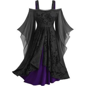 ROSE GAL Plus Size Medieval Vintage Costume Cold Shoulder Flare Sleeve Goth Dresses(Purple)