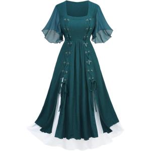 ROSE GAL Plus Size Renaissance Costume Medieval Fairy Dress for Women Two Tone Lace-up Split Irish Maxi Dresses(Green)