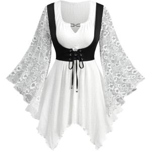 ROSE GAL Plus Size Renaissance Fairy Shirt for Women Lace Bell Sleeves Keyhole Handkerchie Top(White_1)