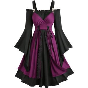 ROSE GAL Plus Size Renaissance Gothic Dress for Women Halloween Costume Cold Shoulder Bell Sleeve Medieval Dress(Black)