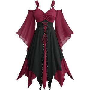 ROSE GAL Plus Size Renaissance Gothic Halloween Costume Cold Shoulder Lace-up Trumpet Sleeve Midi Dress for Women(Red)