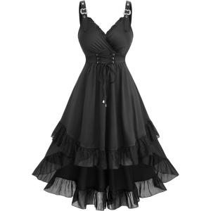 ROSE GAL Plus Size Romantic Goth Sleeveless Dress for Women Lace-up Layered Ruffle High Low Hem Maxi Flowy Tank Dress(Black)