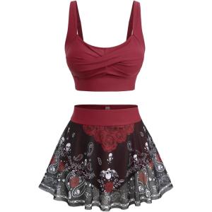 ROSE GAL Plus Size Skulls Gothic 2 Piece Tankini Swimsuit for Women Padded Tummy Control Skirted Bathing Suit(Red_1)