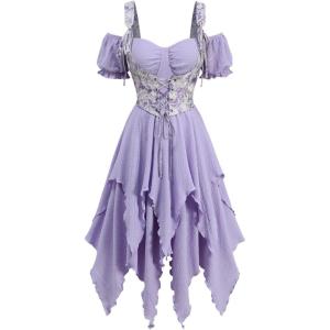 ROSE GAL Plus Size Womems Renaissance Fairy Dress Victorian Cold Shoulder Floral Lace-up Handkerchie Dress(Purple_1)