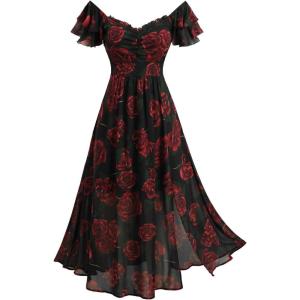 ROSE GAL Plus Size Womems Summer Flowy Milkmaid Dress Boho Square Neck Puffs Sleeves Dress(Black_1)