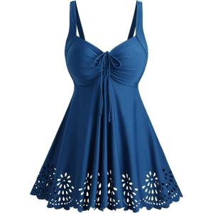 ROSE GAL Plus Size Women Bathing Suits 2 Piece Modest Swimsuit Laser Cut Out Cinched Ruched Flowy Tankini Swimwear(Blue)