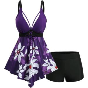 ROSE GAL Plus Size Women Floral Tankini Swimsuits with Shorts Lace-up Swing Two Piece Bathing Suits(Purple)