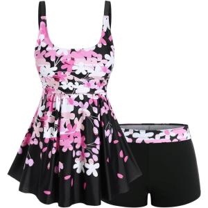 ROSE GAL Plus Size Women Floral Two Piece Bathing Suit Flowy Modest Tankini Swimsuit(Black)