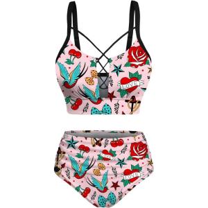 ROSE GAL Plus Size Women Funny Print High Waisted Bikini Set Tummy Control Bathing Suits(Pink)