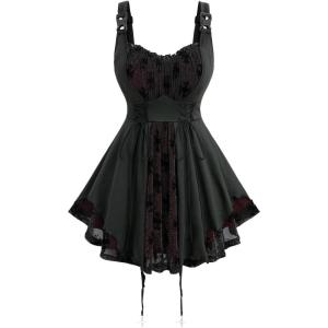 ROSE GAL Plus Size Women Goth Silver Mesh Flocking Corset Tank Top(Black_1)