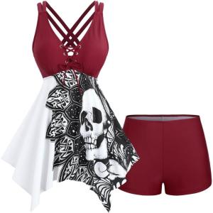 ROSE GAL Plus Size Women Goth Two Piece Bathing Suit Skull Print Lace-up Crisscross Back Flowy Tankini Swimsuit(Red)