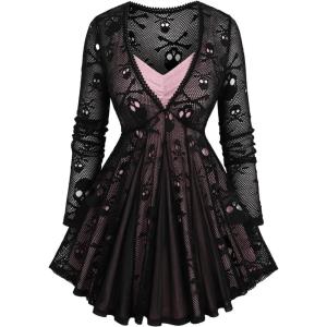 ROSE GAL Plus Size Women Gothic 2pcs T-Shirt Set Skull Mesh Long Sleeve Swing Top and Ribbe Knit Camis Goth Tops(Black)