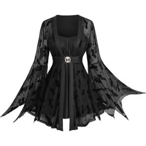 ROSE GAL Plus Size Women Gothic Halloween Costume Flocking Bat Mesh Asymmetric Bell Sleeve 2 in 1 Goth Swing Top(Black)