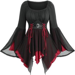 ROSE GAL Plus Size Women Gothic Halloween Costume Two Tone Lace-up Layered Handkerchief Hem Bell Sleeve Goth Top(Black)