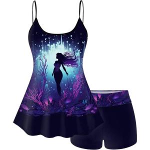 ROSE GAL Plus Size Women Gothic Tummy Control Modest Tankini Swimsuit Mermaid Print Boyleg Padded Tankini Swimwear(Black_4)