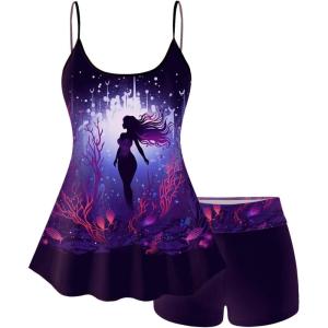 ROSE GAL Plus Size Women Gothic Tummy Control Modest Tankini Swimsuit Mermaid Print Boyleg Padded Tankini Swimwear(Purple_1)