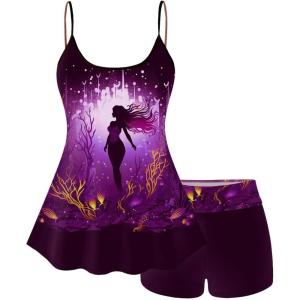 ROSE GAL Plus Size Women Gothic Tummy Control Modest Tankini Swimsuit Mermaid Print Boyleg Padded Tankini Swimwear(Red_1)