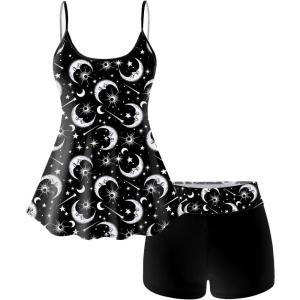 ROSE GAL Plus Size Women Gothic Tummy Control Modest Tankini Swimsuit Sun Moon Boyleg Padded Tankini Swimwear(Black_1)