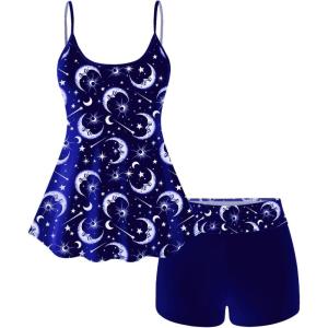 ROSE GAL Plus Size Women Gothic Tummy Control Modest Tankini Swimsuit Sun Moon Boyleg Padded Tankini Swimwear(Blue_1)