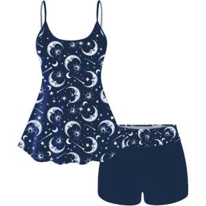 ROSE GAL Plus Size Women Gothic Tummy Control Modest Tankini Swimsuit Sun Moon Boyleg Padded Tankini Swimwear(Blue_2)