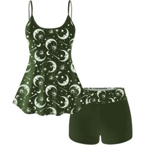 ROSE GAL Plus Size Women Gothic Tummy Control Modest Tankini Swimsuit Sun Moon Boyleg Padded Tankini Swimwear(Green_2)