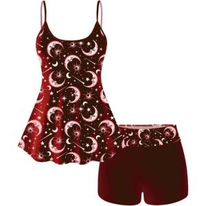ROSE GAL Plus Size Women Gothic Tummy Control Modest Tankini Swimsuit Sun Moon Boyleg Padded Tankini Swimwear(Red_1)