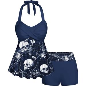 ROSE GAL Plus Size Women Gothic Two Piece Bathing Suit Skull Floral Print Twist Front Halter Goth Tankini Swimsuit(Deep Blue)