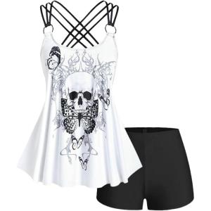 ROSE GAL Plus Size Women Gothic Two Piece Swimsuits 2 Piece Boyleg Strappy Skulls Tankini Bathing Suits(White_1)