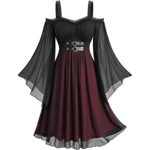 ROSE GAL Plus Size Women Halloween Costume Medieval Gothic Cold Shoulder Bell Sleeves Chiffon Swing Witch Dress(Black)