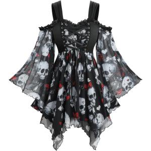 ROSE GAL Plus Size Women Halloween Costume T-Shirt Gothic Top Skull Mesh Lace Up Bell Sleeve Cold Shoulder Top(Black)